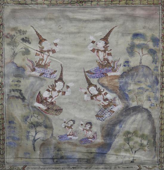 A pair of Thai paintings on fabric of Buddha figures in a landscape and in a pavilion, 19th century, 56cm x 48cm